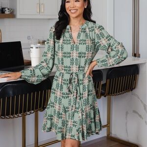 LOFT Green Floral Long Sleeve Dress
